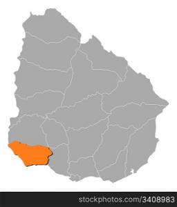 Map of Uruguay, Colonia highlighted. Political map of Uruguay with the several departments where Colonia is highlighted.