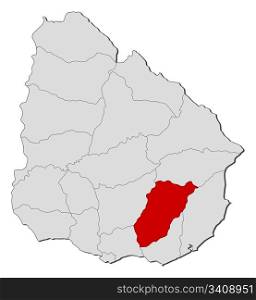 Map of Uruguay, Lavalleja highlighted. Political map of Uruguay with the several departments where Lavalleja is highlighted.