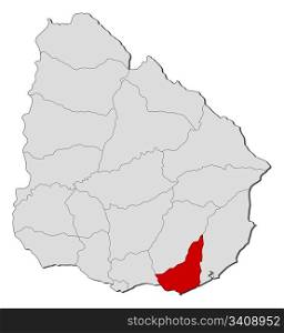 Map of Uruguay, Maldonado highlighted. Political map of Uruguay with the several departments where Maldonado is highlighted.