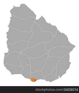 Map of Uruguay, Montevideo highlighted. Political map of Uruguay with the several departments where Montevideo is highlighted.