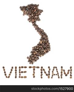 Map of Vietnam made of roasted coffee beans isolated on white background. World of coffee conceptual image.. Map of Vietnam made of roasted coffee beans isolated on white background.