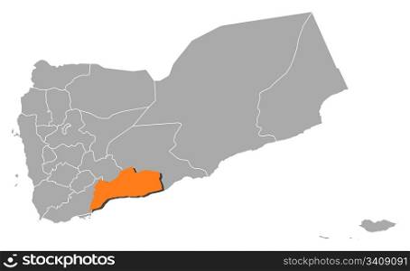 Map of Yemen, Abyan highlighted. Political map of Yemen with the several governorates where Abyan is highlighted.