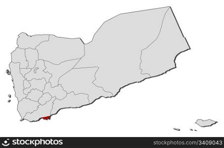 Map of Yemen, Adan highlighted. Political map of Yemen with the several governorates where Adan is highlighted.