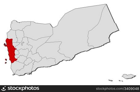 Map of Yemen, Al Hudaydah highlighted. Political map of Yemen with the several governorates where Al Hudaydah is highlighted.