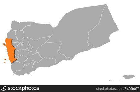 Map of Yemen, Al Hudaydah highlighted. Political map of Yemen with the several governorates where Al Hudaydah is highlighted.