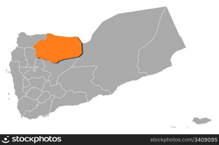 Map of Yemen, Al Jawf highlighted. Political map of Yemen with the several governorates where Al Jawf is highlighted.