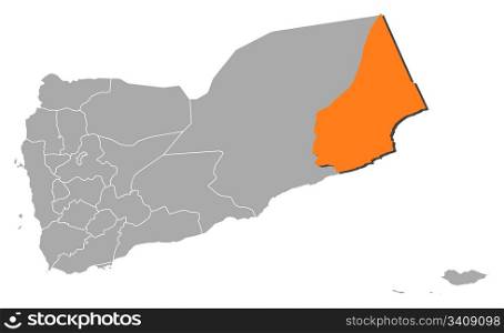 Map of Yemen, Al Mahrah highlighted. Political map of Yemen with the several governorates where Al Mahrah is highlighted.