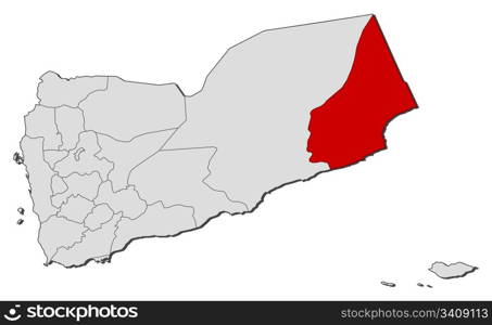 Map of Yemen, Al Mahrah highlighted. Political map of Yemen with the several governorates where Al Mahrah is highlighted.