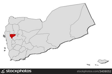 Map of Yemen, Al Mahwit highlighted. Political map of Yemen with the several governorates where Al Mahwit is highlighted.