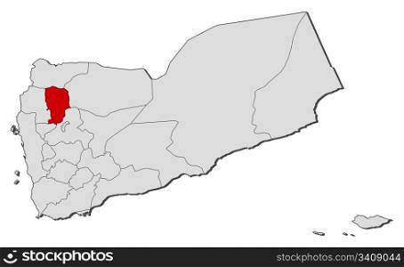 Map of Yemen, Amran highlighted. Political map of Yemen with the several governorates where Amran is highlighted.