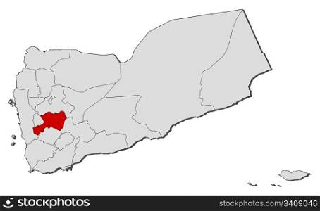 Map of Yemen, Dhamar highlighted. Political map of Yemen with the several governorates where Dhamar is highlighted.