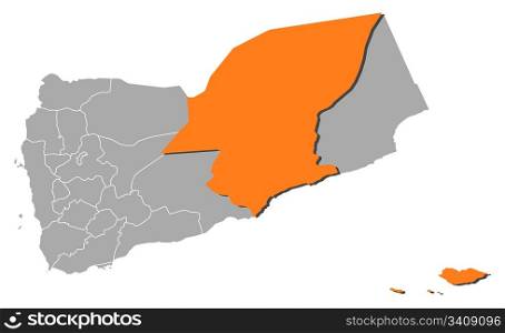 Map of Yemen, Hadhramaut highlighted. Political map of Yemen with the several governorates where Hadhramaut is highlighted.