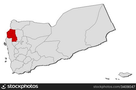 Map of Yemen, Hajjah highlighted. Political map of Yemen with the several governorates where Hajjah is highlighted.