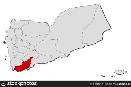 Map of Yemen, Lahij highlighted. Political map of Yemen with the several governorates where Lahij is highlighted.