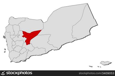Map of Yemen, Ma&rsquo;rib highlighted. Political map of Yemen with the several governorates where Ma&rsquo;rib is highlighted.