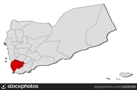Map of Yemen, Ta&rsquo;izz highlighted. Political map of Yemen with the several governorates where Ta&rsquo;izz is highlighted.