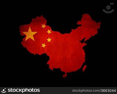 Map outline of China with grunge map insert isolated on black