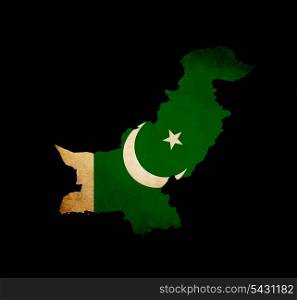 Map outline of Pakistan with grunge map insert isolated on black