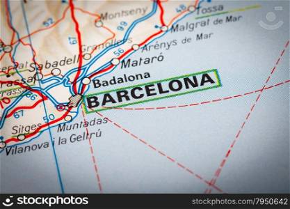 Map Photography: Barcelona city on a road map