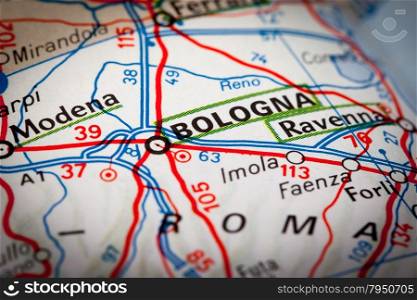 Map Photography: Bologna City on a Road Map