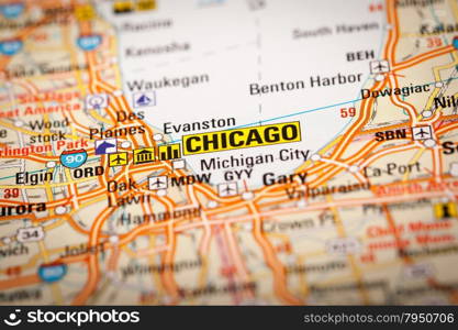 Map Photography: Chicago City on a Road Map