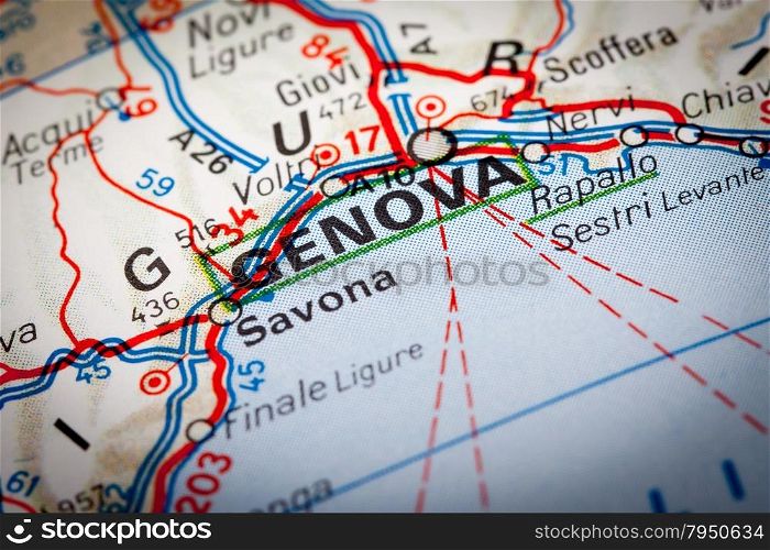 Map Photography: Genova city on a road map