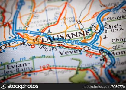 Map Photography: Lausanne City on a Road Map