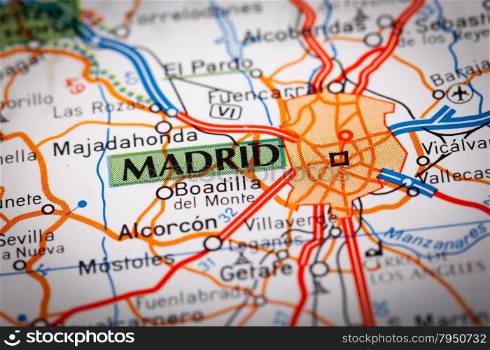 Map Photography: Madrid City on a Road Map
