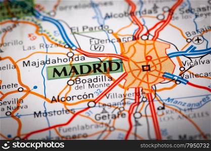 Map Photography: Madrid City on a Road Map