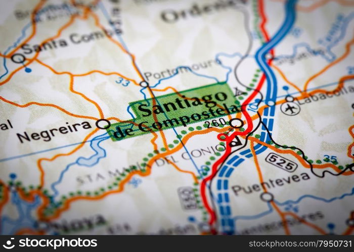 Map Photography: Santiago de Compostela on a Road Map