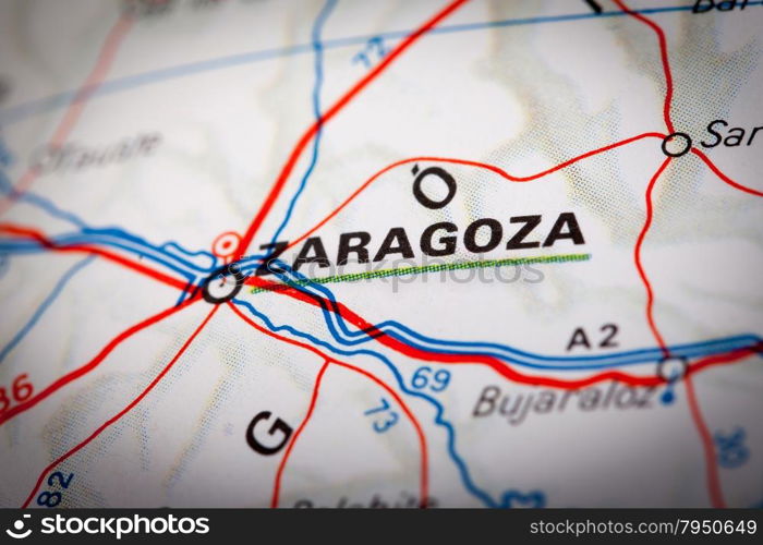 Map Photography: Zaragoza city on a road map