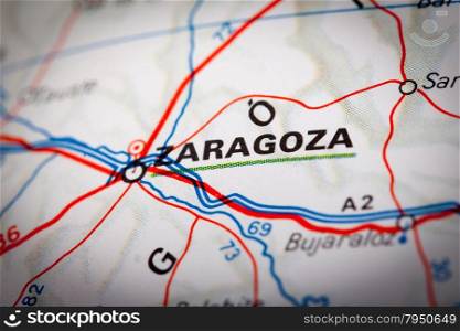 Map Photography: Zaragoza city on a road map