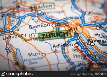 Map Photography: Zurich City on a Road Map