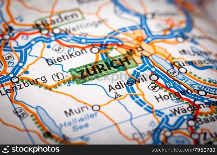 Map Photography: Zurich City on a Road Map