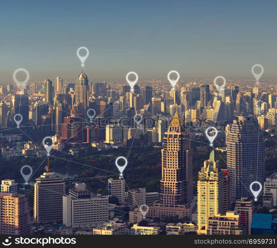 Map pin flat of smart city, global business and network connecti. Map pin flat of smart city, global business and network connection concept, Bangkok, Thailand. Map pin flat of smart city, global business and network connection concept, Bangkok, Thailand