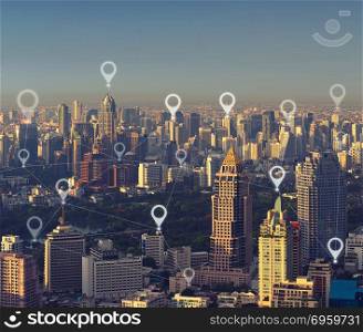 Map pin flat of smart city, global business and network connecti. Map pin flat of smart city, global business and network connection concept, Bangkok, Thailand. Map pin flat of smart city, global business and network connection concept, Bangkok, Thailand