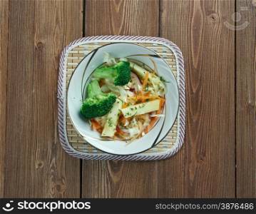 Maple slaw with broccoli and apple- variation of coleslaw of Canada.consisting of maple syrup, cabbage, onion, fish, and seasoning.