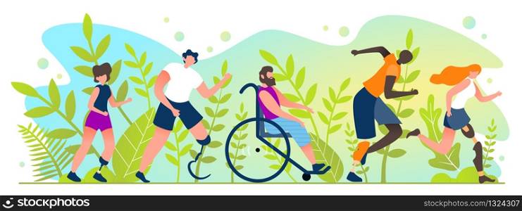 Marathon for People with Disabilities Cartoon Flat. Summer International Competitions for People with Physical Disabilities. People with Disabilities are Running Marathon. Vector Illustration.