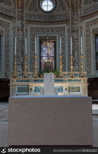 Marble Altar with Candelabrum inside Saint Andrea Church in Mantua -Italy. Marble Altar with Candelabrum inside Saint Andrea Church in Mantua -Italy.. Marble Altar with Candelabrum inside Saint Andrea Church in Mantua -Italy
