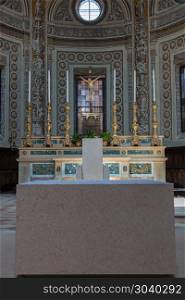Marble Altar with Candelabrum inside Saint Andrea Church in Mantua -Italy. Marble Altar with Candelabrum inside Saint Andrea Church in Mantua -Italy.. Marble Altar with Candelabrum inside Saint Andrea Church in Mantua -Italy