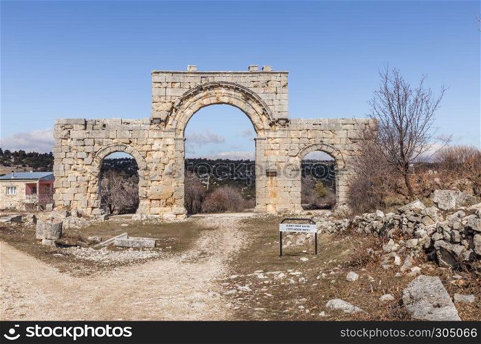 Marble City North Gate columns of Uzuncaburc Ancient city located in Uzuncaburc,Silifke,Mersin,Turkey.2. North Gate columns of Uzuncaburc Ancient city