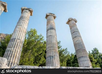 Marble columns at temple of Athena of Ancient Greek City in Priene,Soke,Aydin,Turkey. Ruins of Ancient Greek City of Priene