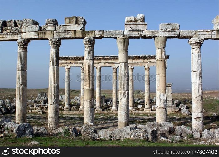 Marble columns on the street in Apamea, Syria