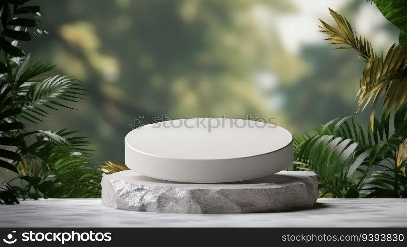 marble cylinder podium. decor by Palm leaves scene stage mockup. Marble podium. Product presentation, mock up, show cosmetic product.