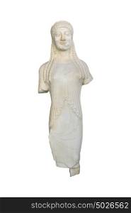 Marble greek kore statuette isolated over white