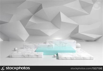Marble podium and blue pastel with abstract polygon background, 3d illustration