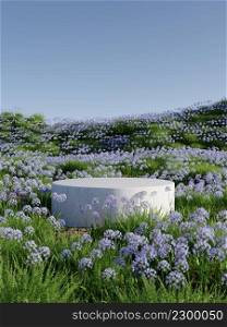 Marble podium on natural purple flowers field garden with clear blue sky for cosmetic product presentation 3D rendering illustration