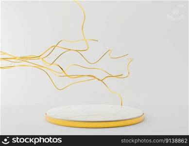 Marble podium with abstract golden splines on white background. Elegant podium for product, cosmetic presentation. Luxury mock up. Pedestal or platform for beauty products. Empty scene. 3D rendering. Marble podium with abstract golden splines on white background. Elegant podium for product, cosmetic presentation. Luxury mock up. Pedestal or platform for beauty products. Empty scene. 3D rendering.