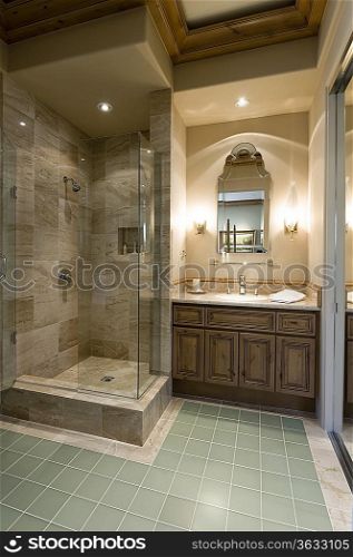 Marble shower cubicle with tiled green floor