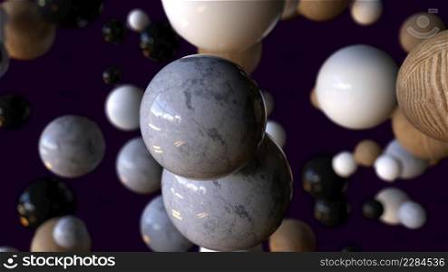 Marble stone 3d render balls falling into void. Wooden embossed bubbles in realistic slow motion. Abstract molecules in chaotic flight with futuristic decorative graphics. Marble stone 3d render balls falling into void. Wooden embossed bubbles in realistic slow motion. Abstract molecules in chaotic flight with futuristic decorative graphics.. Various spheres flying at random
